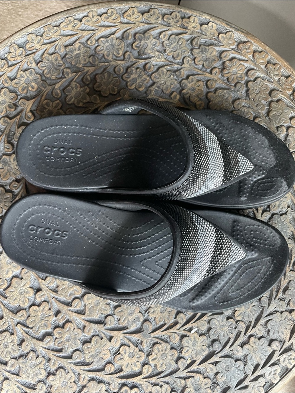 CROCS Black/Gray Slide and Blue/Orange/Turquoise Striped Platform Sandals